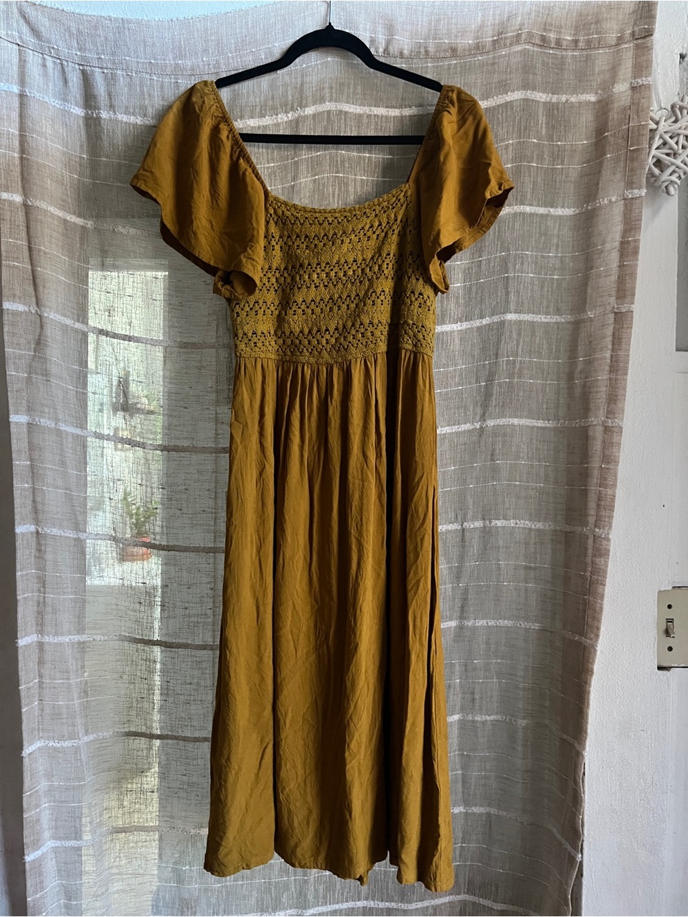 Smocked Mustard Midi Dress with Flutter Sleeves